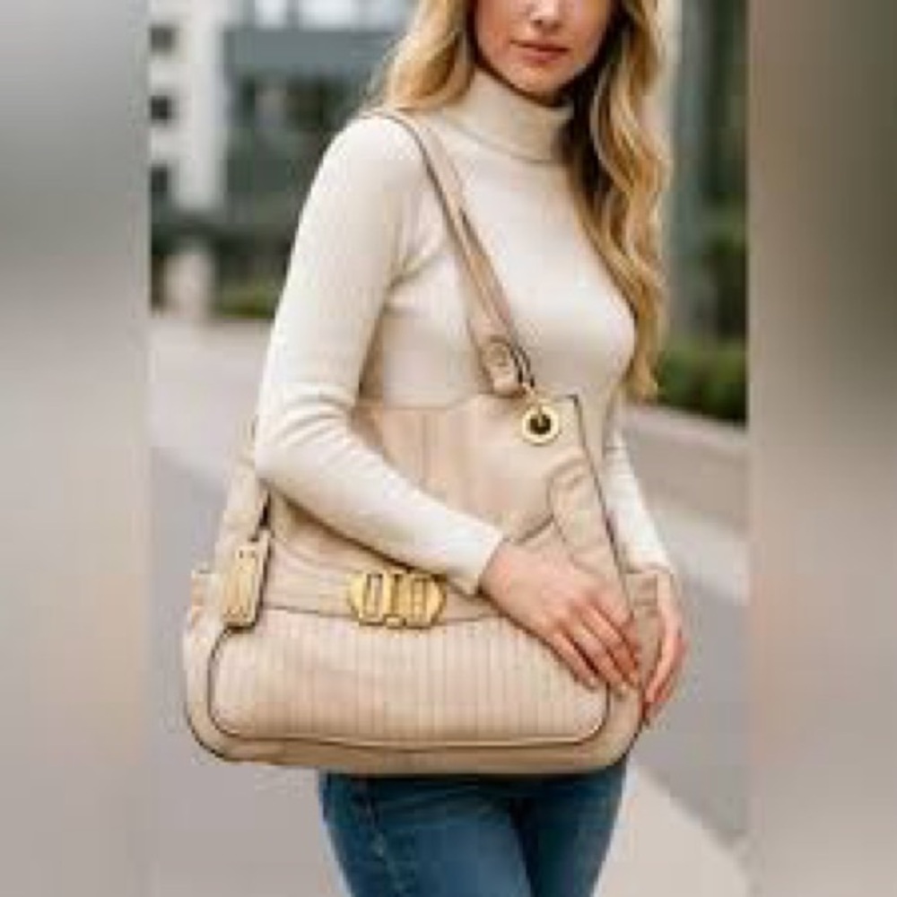 b. makowsky Beige Shoulder Bag with Gold Hardware